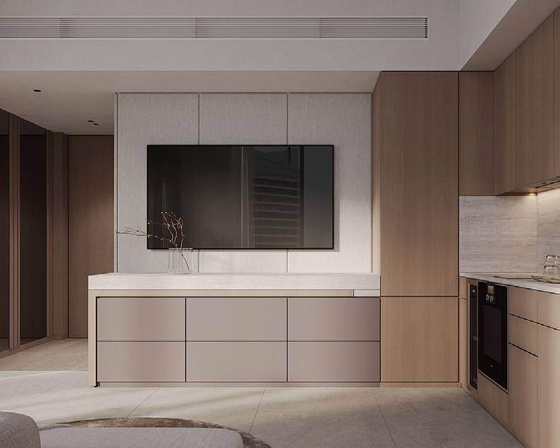 Grand Residence one-bedroom living and kitchen with layered materials