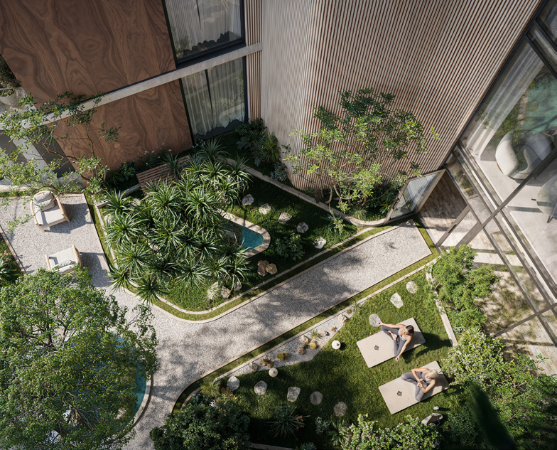 Aerial view of the landscaped Sanctuary courtyard garden